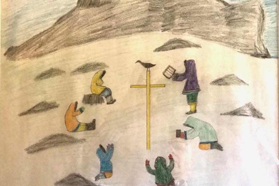 Pencil drawing of Inuit praying near a cross