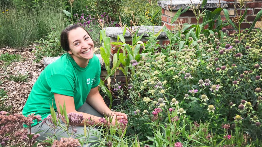 A sustainability ambassador works in the permaculture garden.