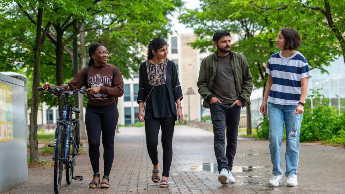 A group of four students walking on a walking path.
