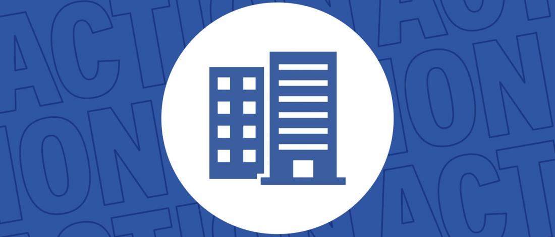 A graphic of a blue circle with a white icon of a high-rise building in the middle. The background is the word action repeating.