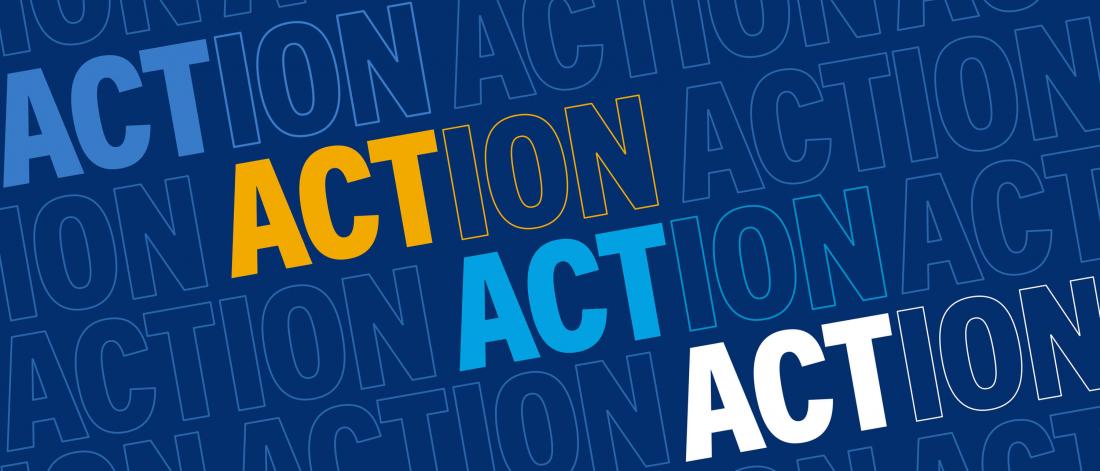 A graphic of the word ACT appearing in three different shades of blue and in yellow repeated on a dark blue background.