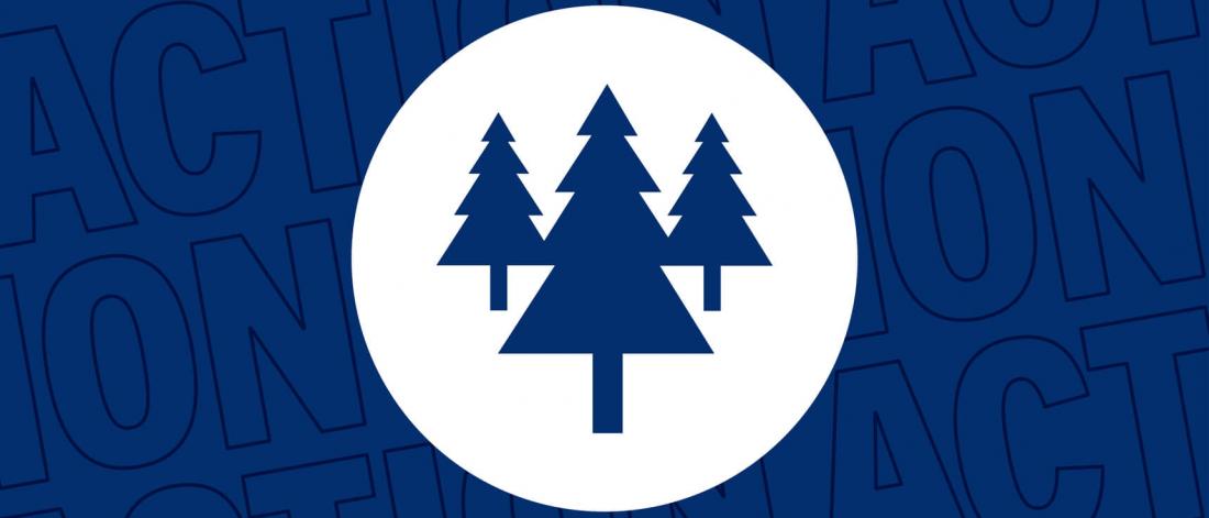 A dark blue graphic with a white circle and a dark blue icon of a pine tree in the middle. The background is the word action repeating.