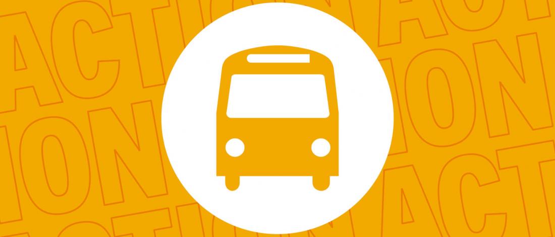 A yellow graphic of a yellow circle with a white icon of a bus in the middle. The background is the word action repeating.