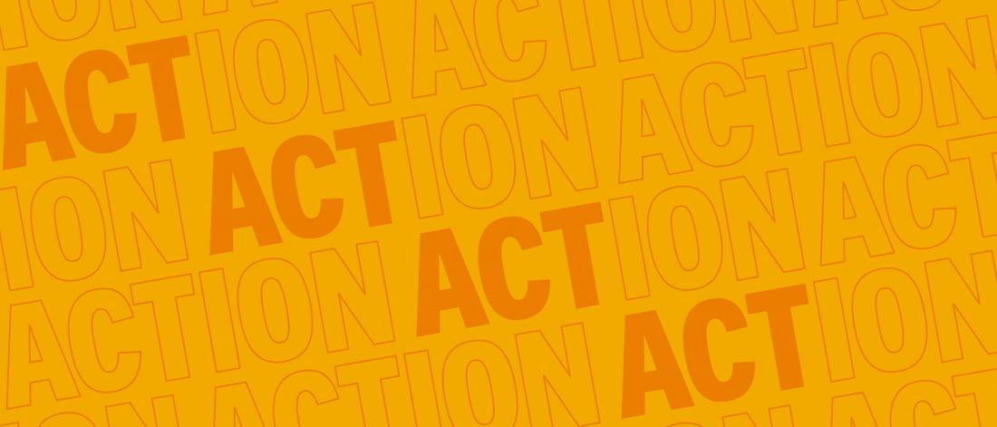 A yellow graphic where the background is the word ACT repeating at a diagonal angle.