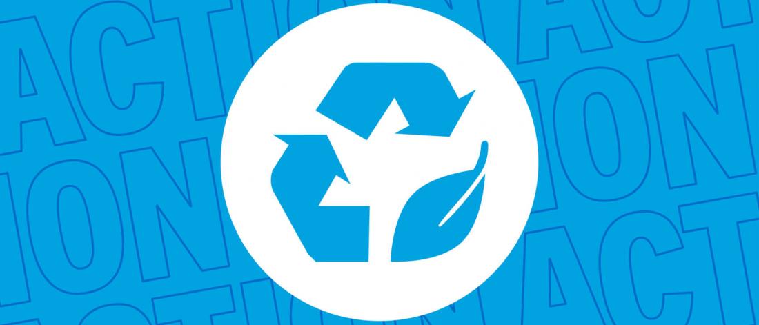 A light blue graphic with a blue recycling symbol in a white circle in the middle. One side of the recycling symbol in the icon is replaced with a leaf. The background is the word action repeating.