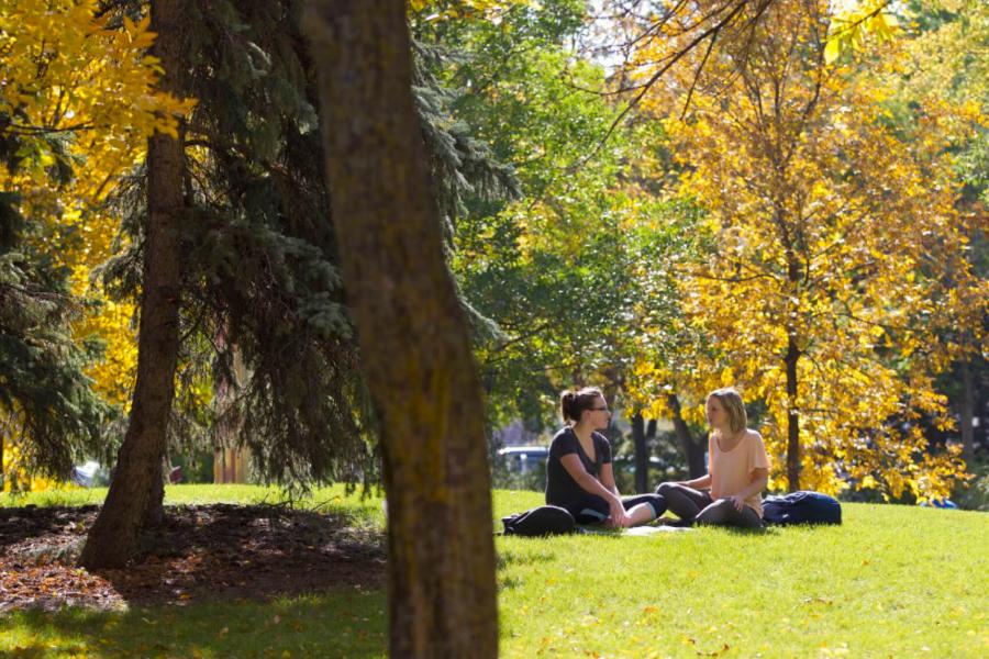 Two women sit together on a grassy hill on a sunny autumn day.