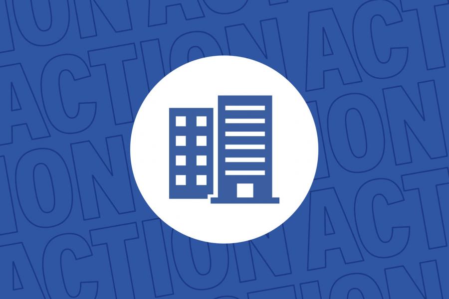 A graphic of a blue circle with a white icon of a high-rise building in the middle. The background is the word action repeating.
