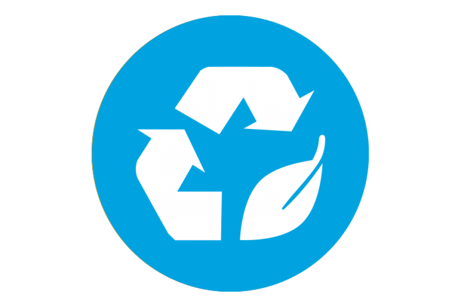 A graphic of a light blue circle with a white recycling symbol in the middle. One side of the recycling symbol in the icon is replaced with a leaf.