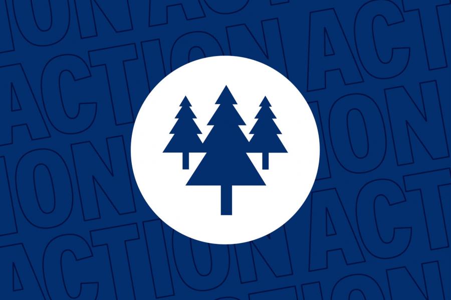 A dark blue graphic with a white circle and a dark blue icon of a pine tree in the middle. The background is the word action repeating.