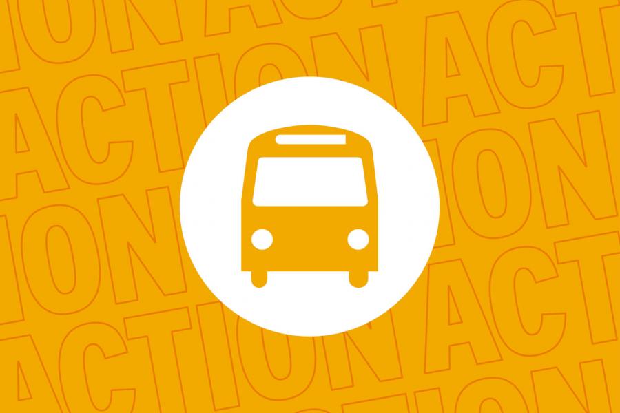 A yellow graphic of a yellow circle with a white icon of a bus in the middle. The background is the word action repeating.