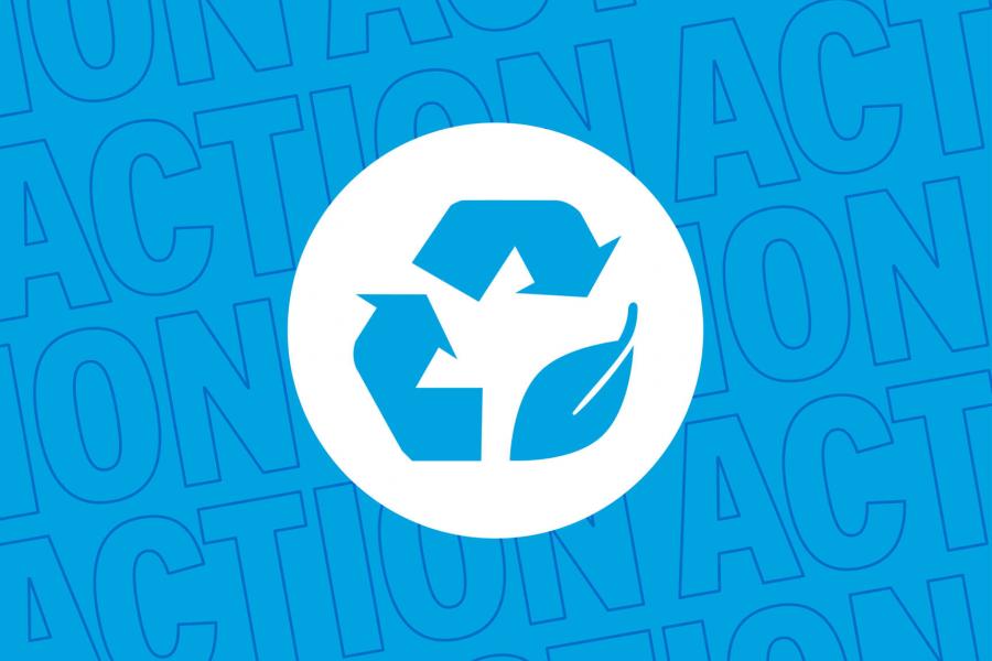 A light blue graphic with a blue recycling symbol in a white circle in the middle. One side of the recycling symbol in the icon is replaced with a leaf. The background is the word action repeating.