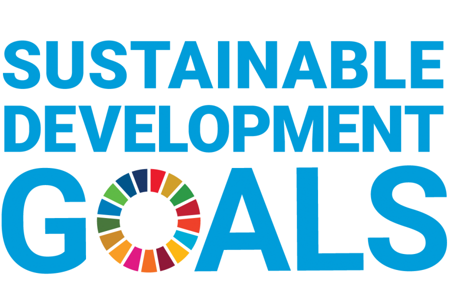 logo with words sustainable development goals, the o is represented with the 17 colours of the 17 goals