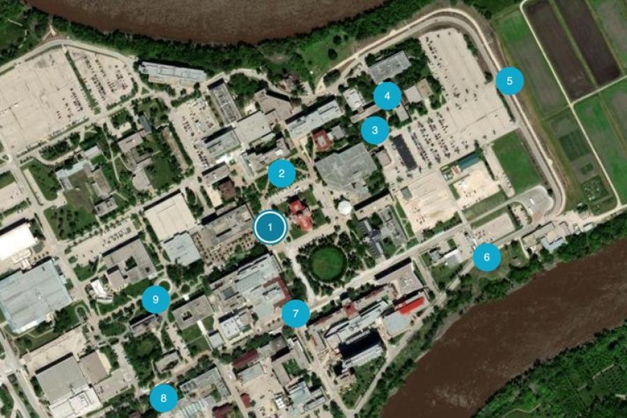 Aerial map of Fort Garry identifying sustainability highlights.