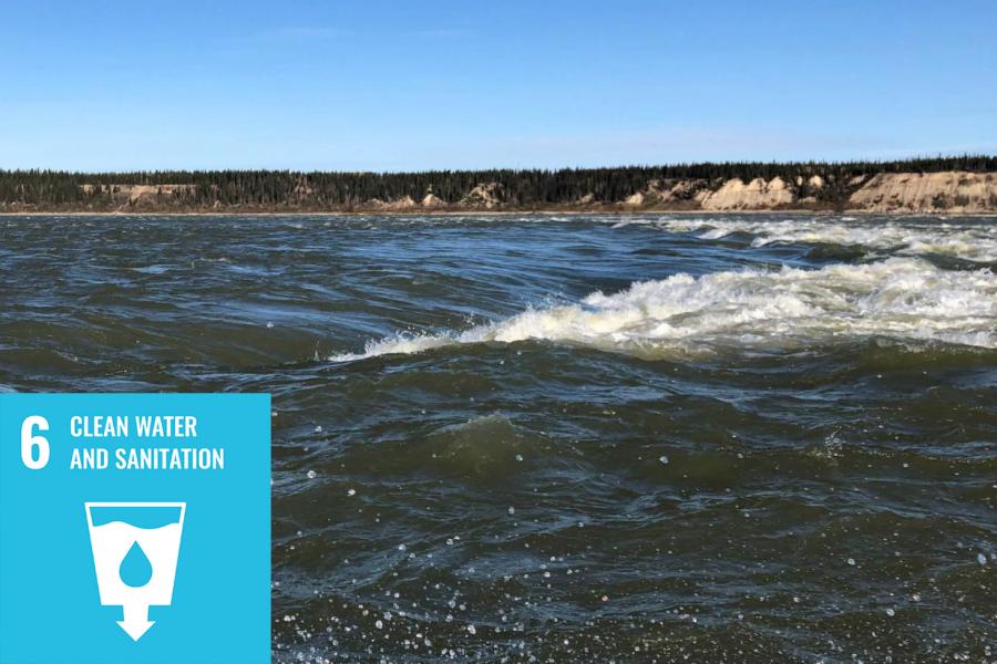 Rushing water with clear blue sky. A light blue coloured square in the corner has a logo of a cup of water with a downward facing arrow on the bottom and the text 6 CLEAN WATER AND SANITATION.