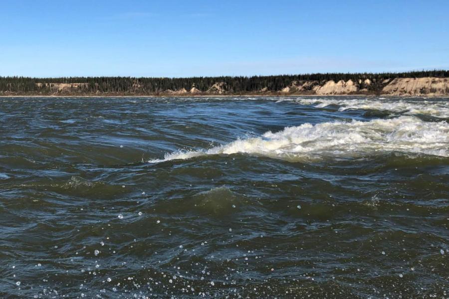 the focus on rushing water in the foreground agains a tree line and blue sky above