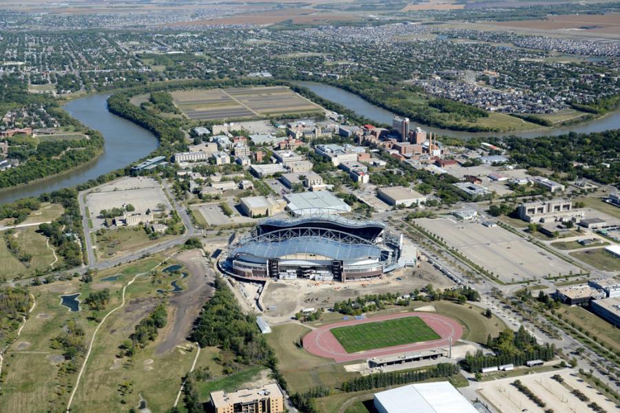An aerial overhead view far above the University of Manitoba Fort Garry Campus.