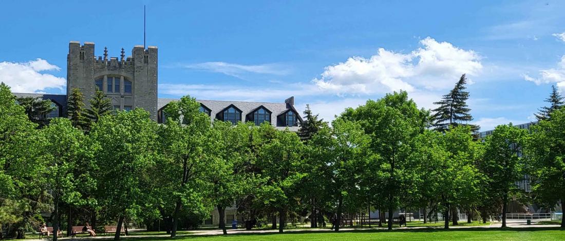 Exterior of the Tier building and the trees in front of it.